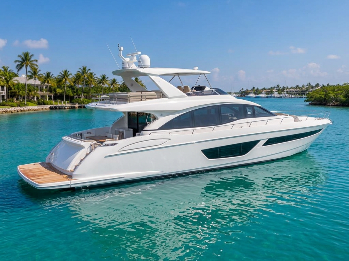 An elegant luxury motor yacht with a flybridge and teak beach club in turquoise southern waters