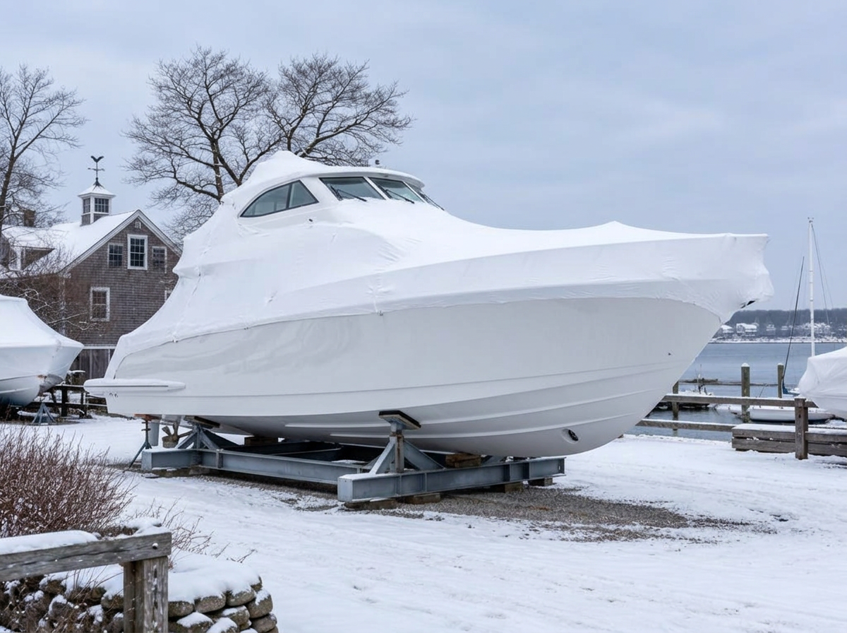 A substantial luxury motor yacht winterized in a snowy Cape Cod boatyard